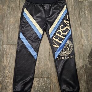 Versace Black Pants with Blue and Cream Accents